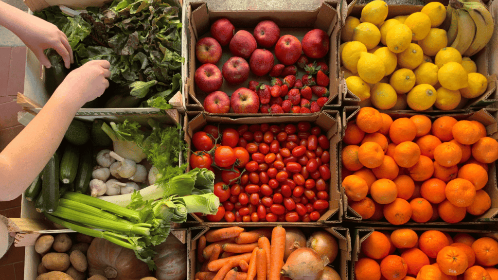 Fruit and vegetables in boxes 