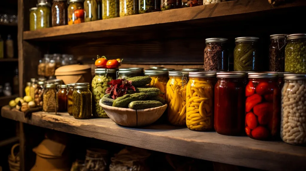 a rustic pantry filled with preserved foods, such as pickled vegetables, cured meats, and dried fruits