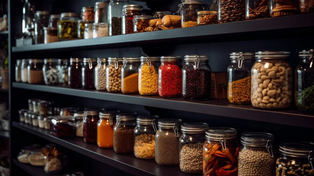 shelves stocked with rows of canned goods and jars