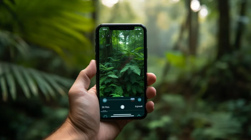 A close - up shot of a hand holding a mobile phone, with a focus on the signal bar on the screen of the phone, in the rainforest, Costa Rica