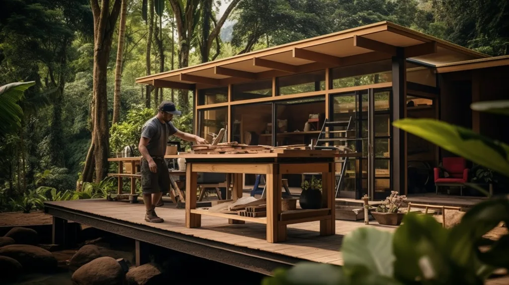 A man woodworking outside his homestead