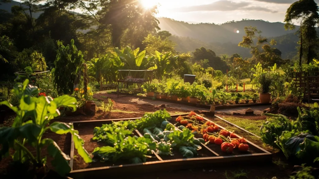 A thriving off-grid garden producing fresh produce in the rainforest