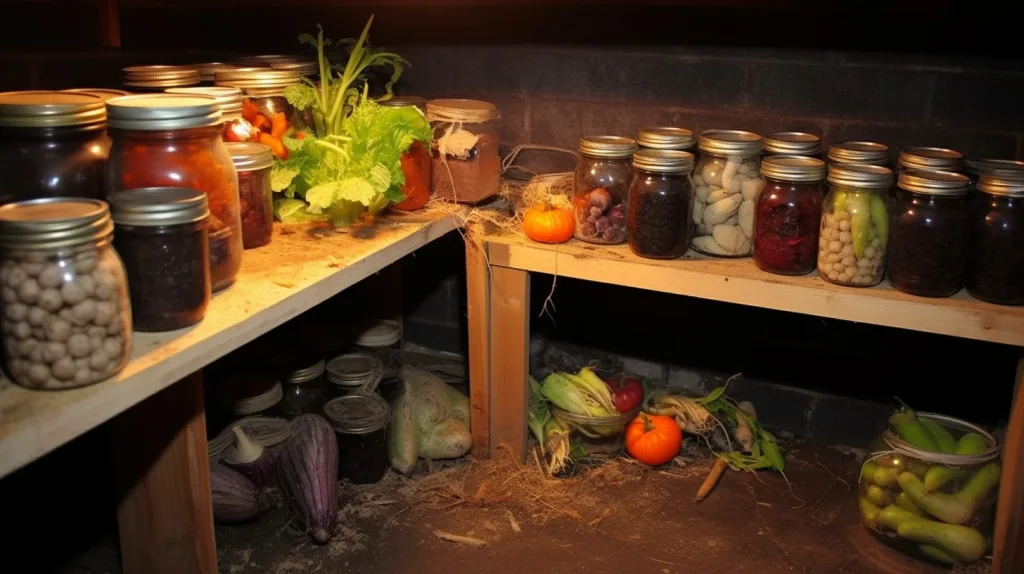 The inside of a root cellar showing jars stored for future use