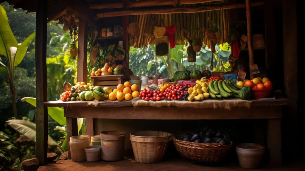 A selection of fruits and vegetables in the rainforest