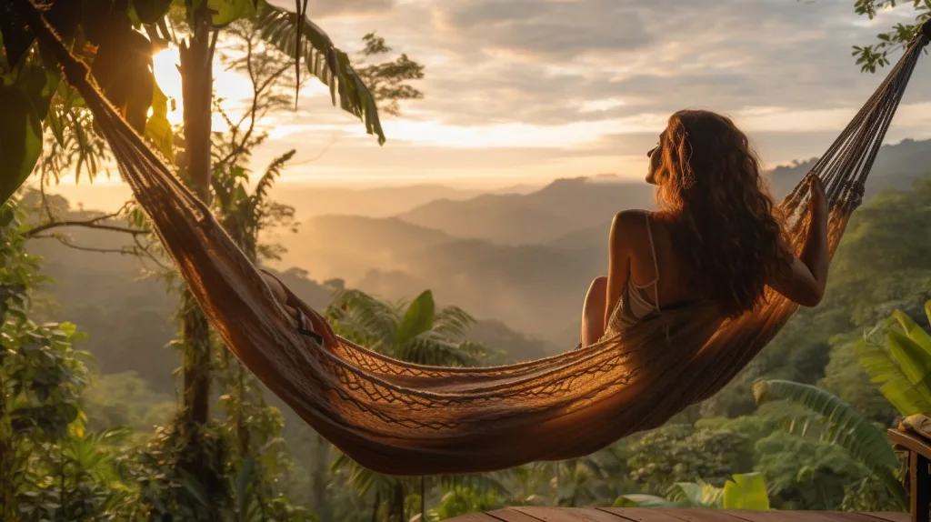 A woman enjoying a hammock from her homestead in the rainforest