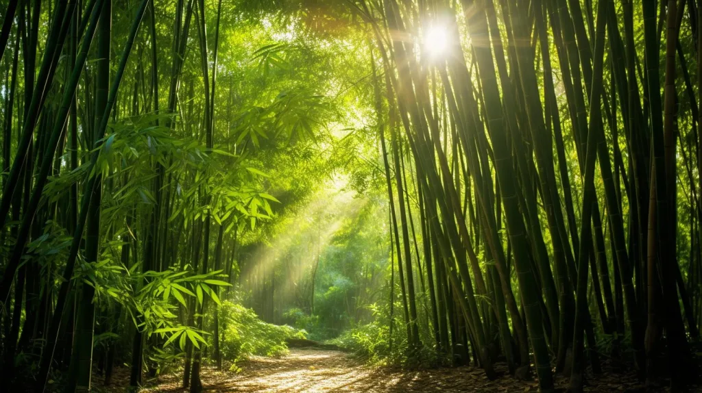 Bamboo growing wild with sunlight filtering through 