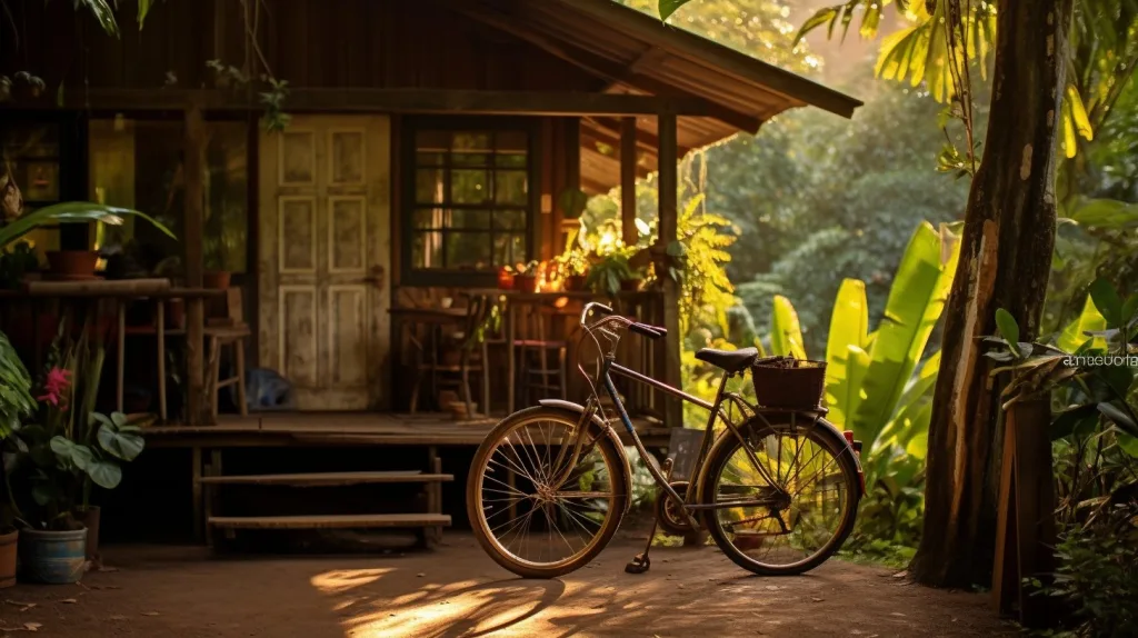 An off-grid home with a bicycle out front