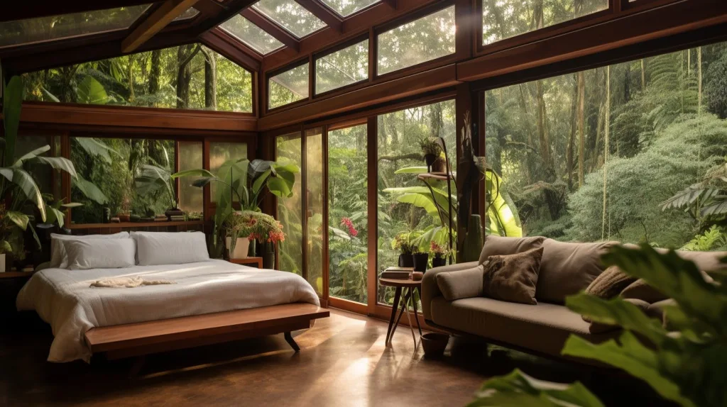 A bedroom in an off-grid home with stunning outdoor views