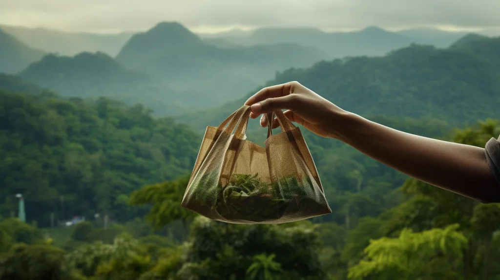 A reusable bag being held up with a rainforest backdrop