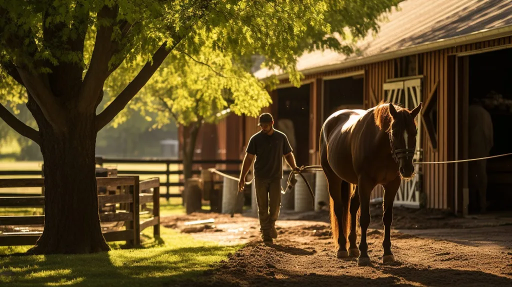 A farmer walking along side his horse at his homestead