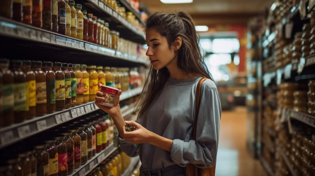 A woman browsing the products in a shopping isle deciding which products are ethical.