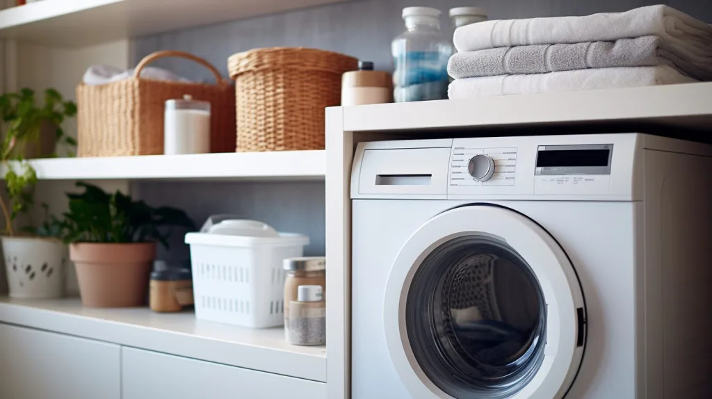 A washing machine on display in a laundry room
