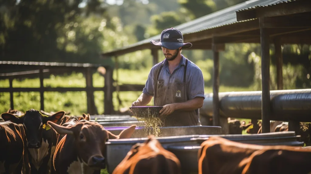 A young man feeding his cattle