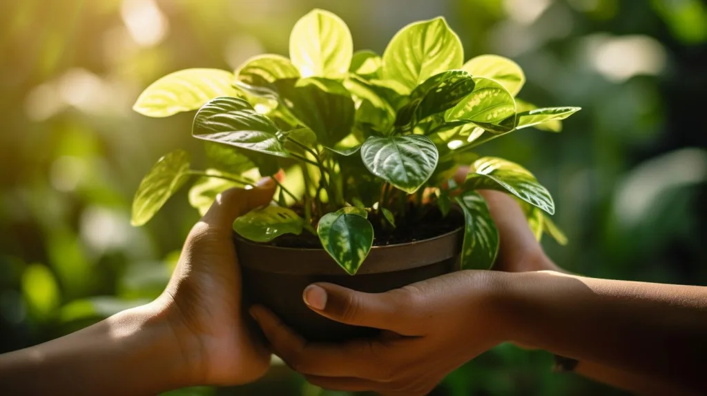 a pot plant being help up by two people