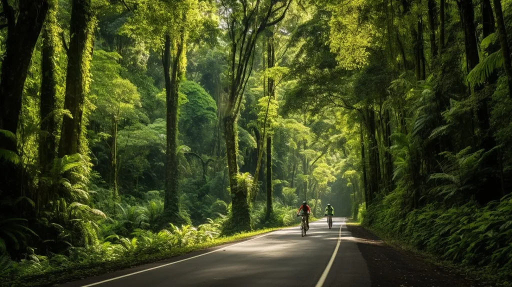 A couple cycling together on a tar road through the rainforest