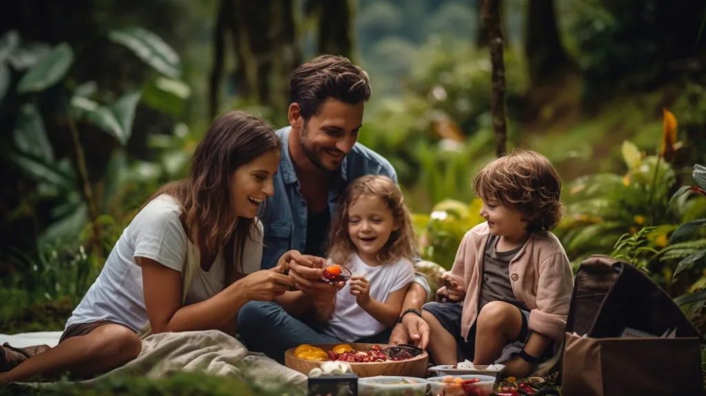 A family enjoying a picnic in the jungle