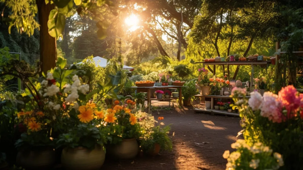 Sunshine shinning through an off-grid garden 