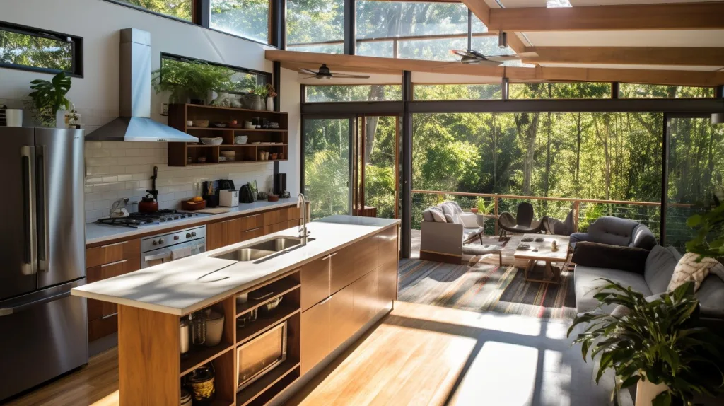 A stylish and modern open kitchen and living room in the jingle