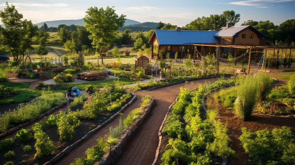 An off-grid homestead dividing in the landscape into sections to grow food. 