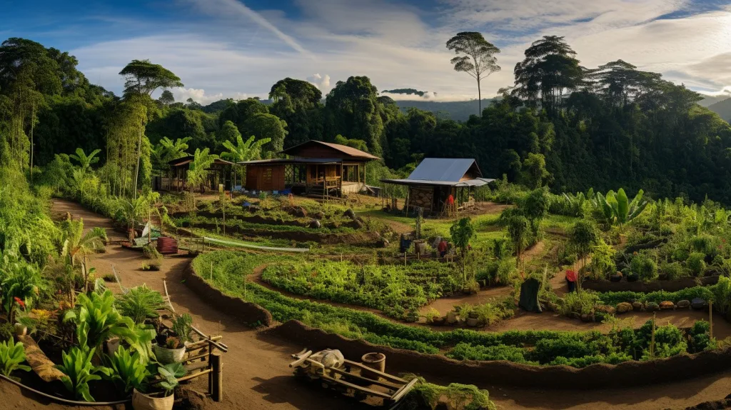 An off-grid homestead with different planting zones following the law of permaculture 