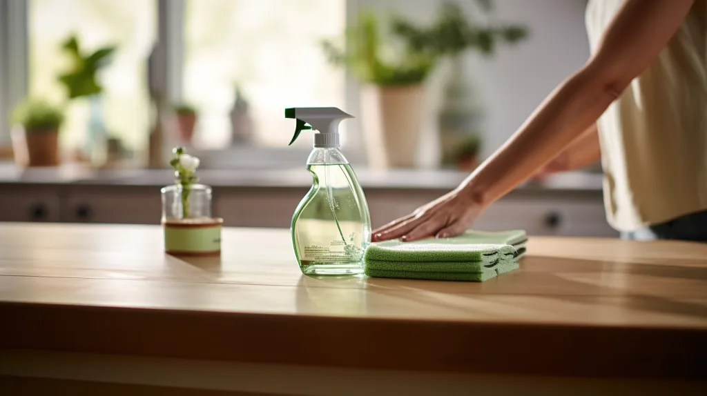 A kitchen counter being cleaned with green cleaning solution 