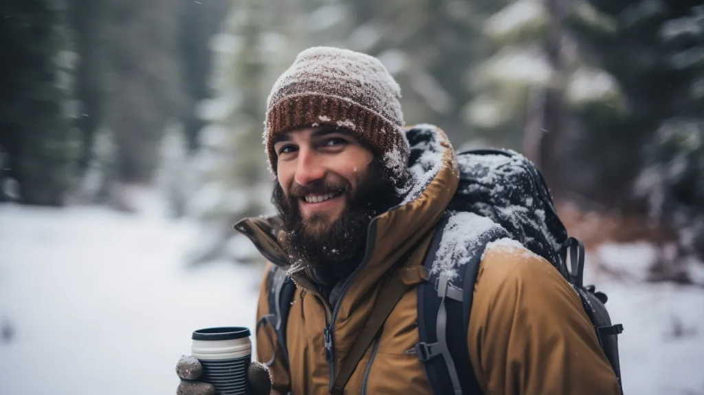 A man fully equipped and protected from risking hypothermia while hiking 