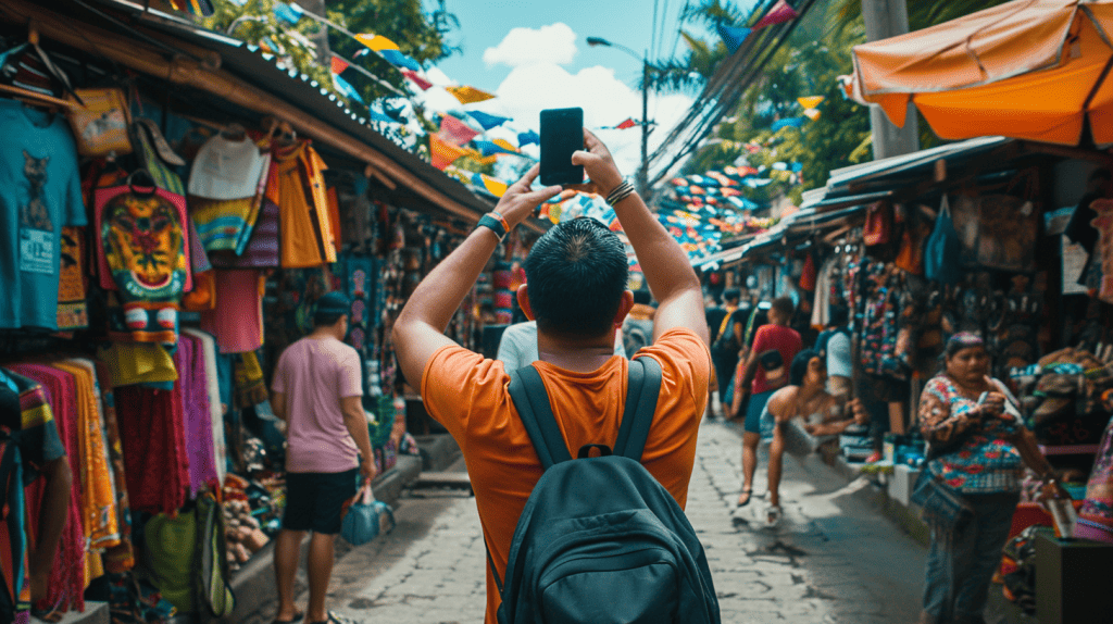 A man searching for phone signal in a busy marketplace. 