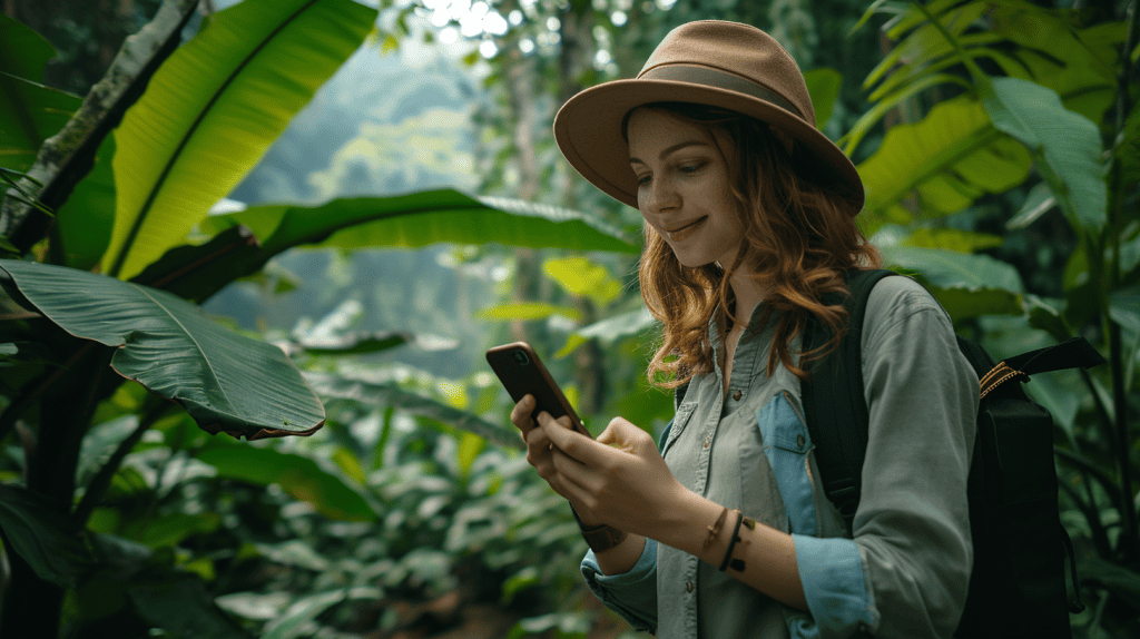 A woman using her phone in the rainforest of Costa Rica