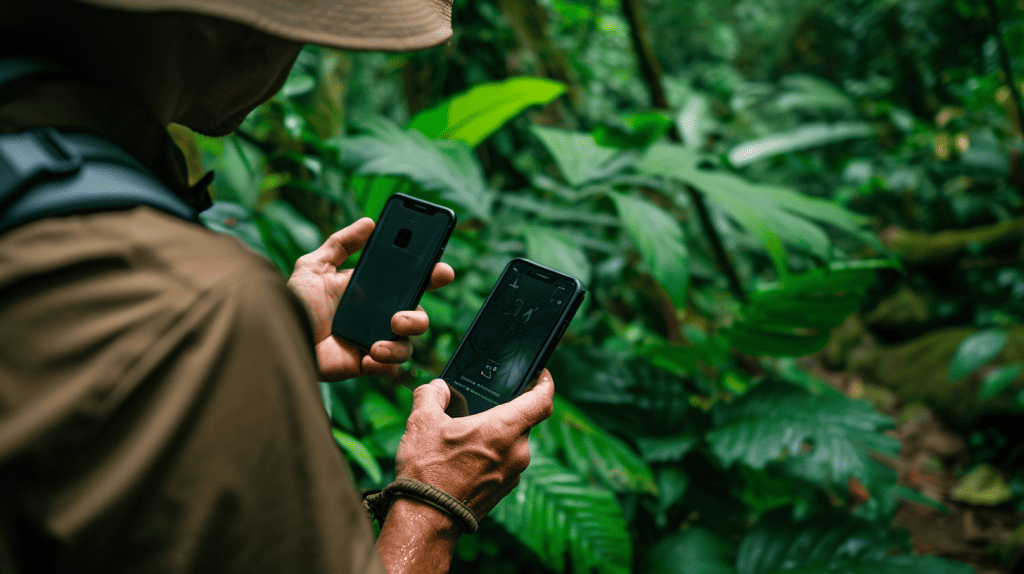 A man searching for signal with two different phones