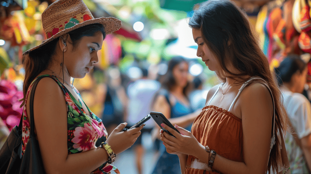 Two woman using their smartphones in a busy marketplace
