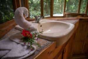 A sink with towel swan