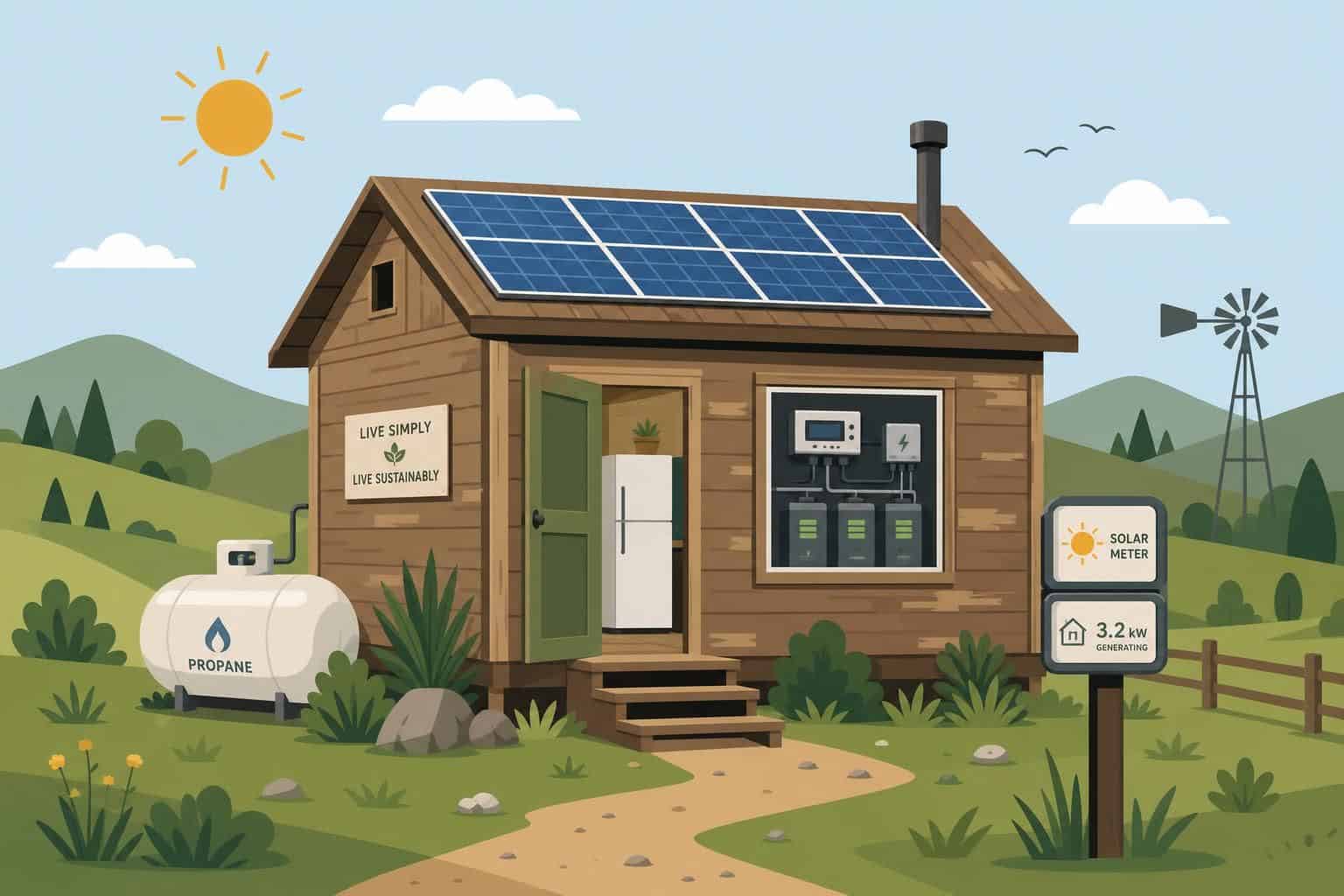 A minimalist vector illustration of an off-grid countryside cabin featuring solar panels, a propane tank, and energy-efficient elements. A minimalist vector illustration of an off-grid countryside cabin featuring solar panels, a propane tank, and energy-efficient elements.