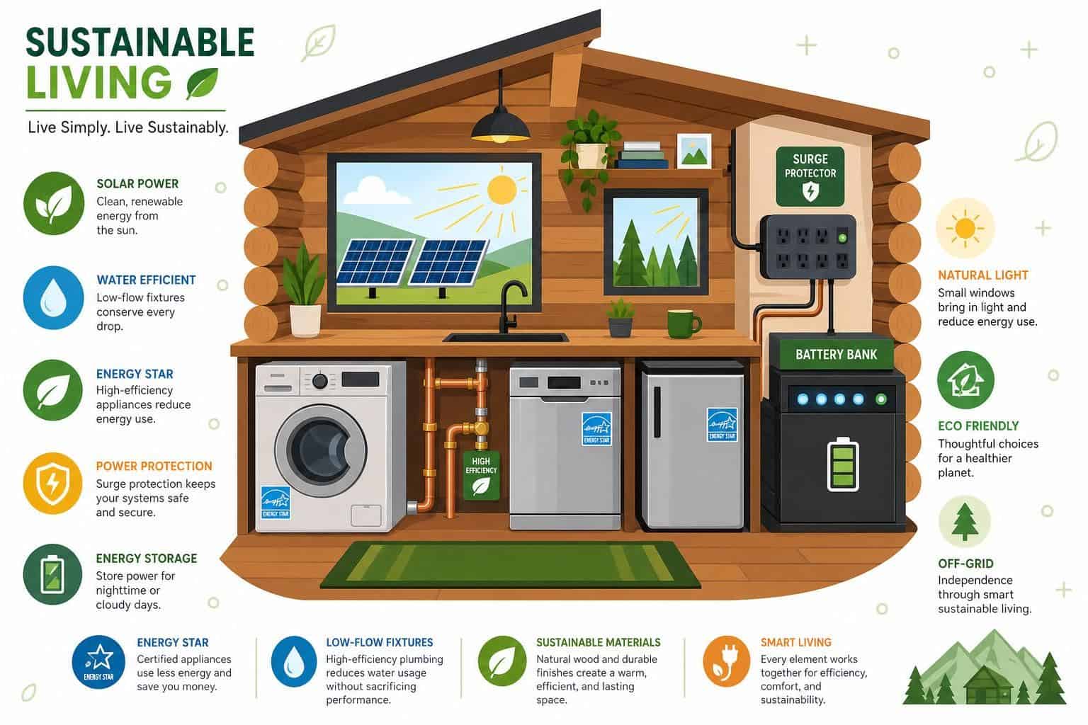 A minimalist flat vector illustration of an efficient off-grid cabin interior featuring eco-friendly appliances and sustainable design elements. A minimalist flat vector illustration of an efficient off-grid cabin interior featuring eco-friendly appliances and sustainable design elements.