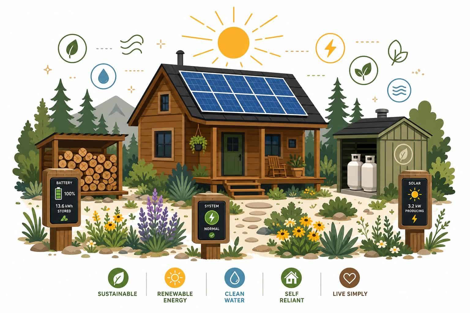 A minimalist flat vector illustration of an energy-efficient homestead featuring a rustic cabin and solar panels in nature. A minimalist flat vector illustration of an energy-efficient homestead featuring a rustic cabin and solar panels in nature.