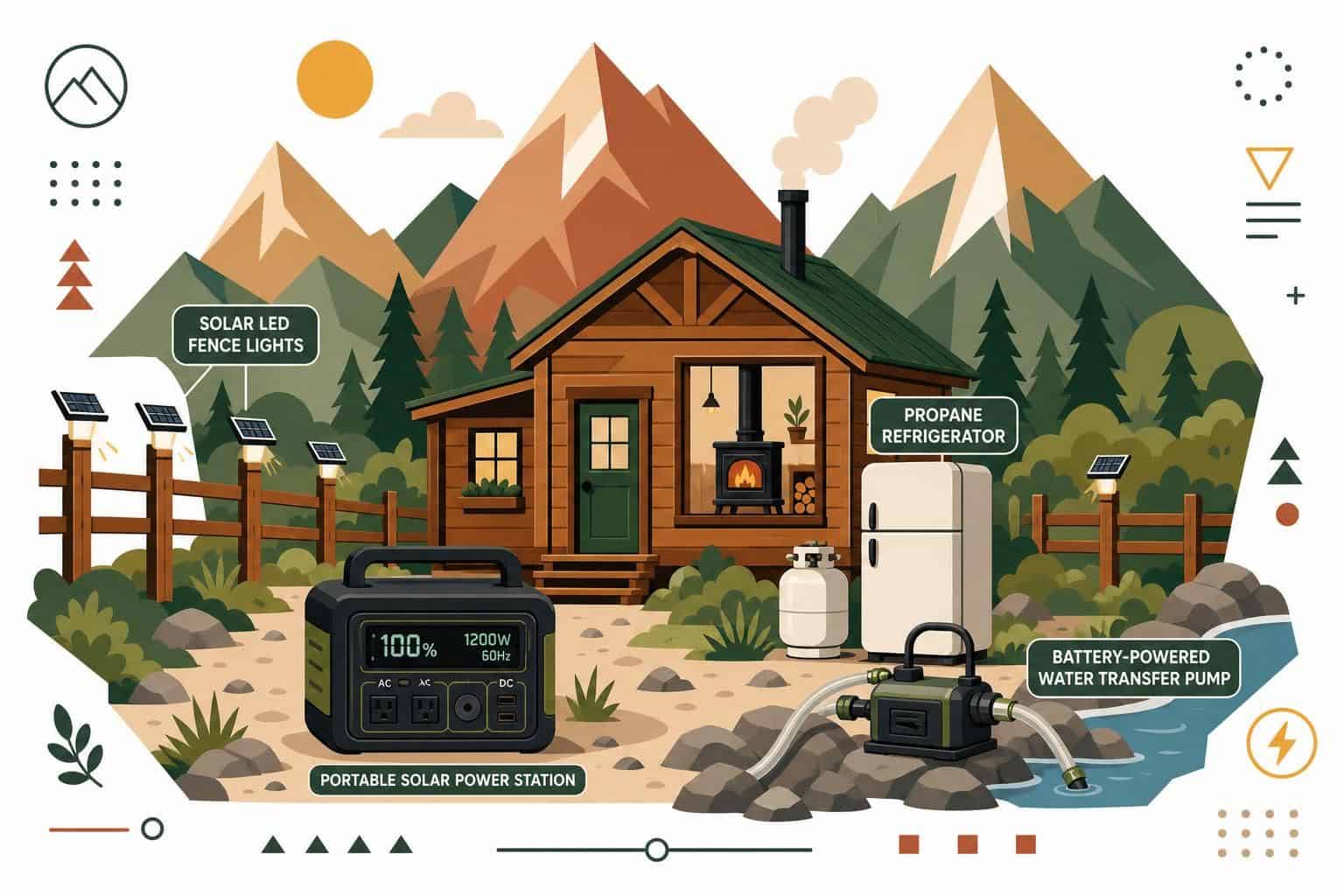 A flat vector illustration of an off-grid homestead in a mountainous valley featuring a rustic cabin and renewable energy sources. A flat vector illustration of an off-grid homestead in a mountainous valley featuring a rustic cabin and renewable energy sources.
