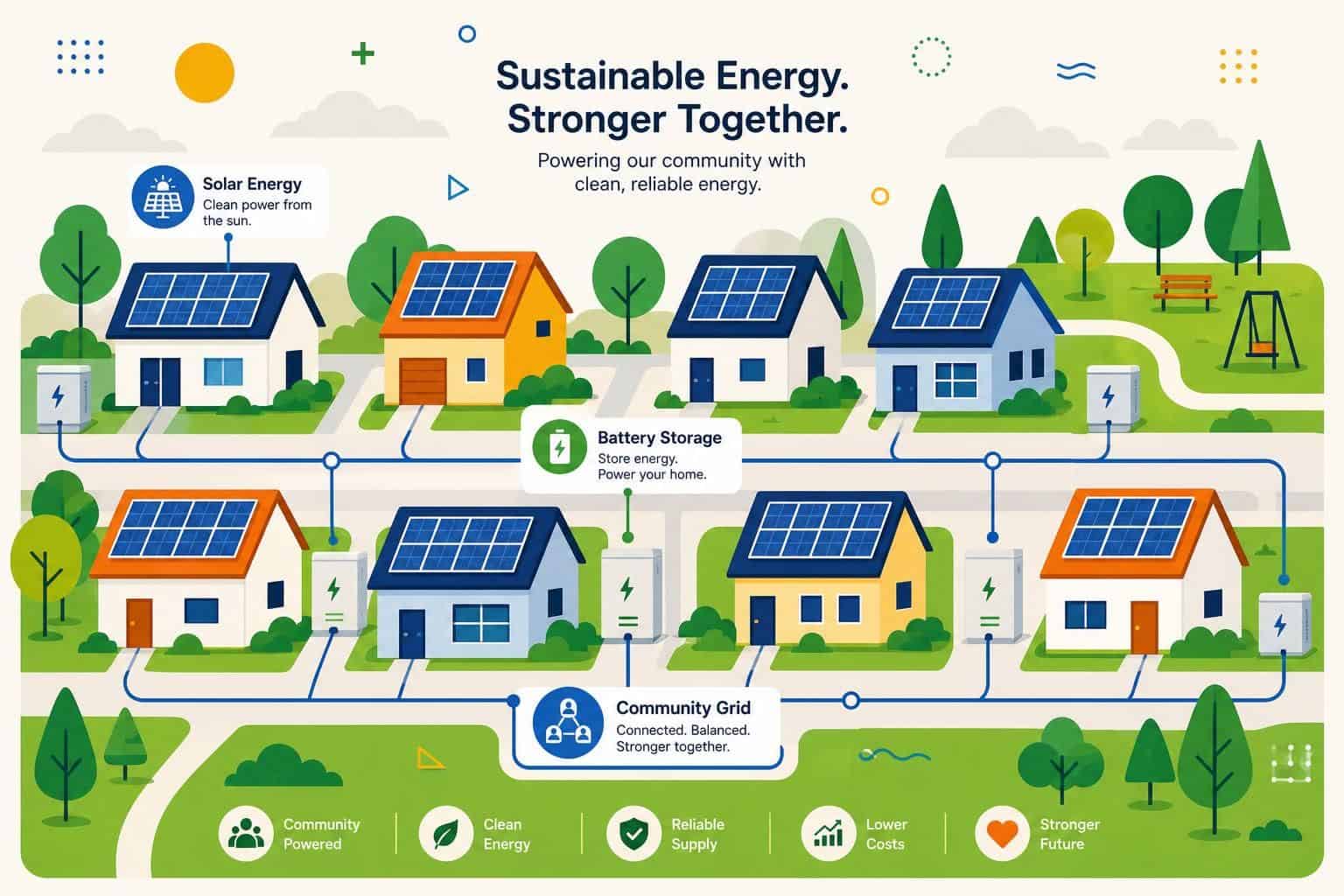 A vibrant flat vector illustration of a sustainable neighborhood featuring geometric houses, solar panels, and battery storage. A vibrant flat vector illustration of a sustainable neighborhood featuring geometric houses, solar panels, and battery storage.
