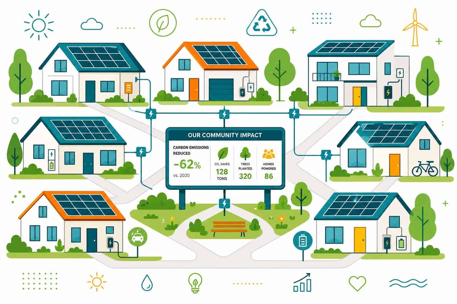 A minimalist flat vector illustration of a sustainable suburban neighborhood featuring geometric houses, solar panels, and vibrant landscaping. A minimalist flat vector illustration of a sustainable suburban neighborhood featuring geometric houses, solar panels, and vibrant landscaping.