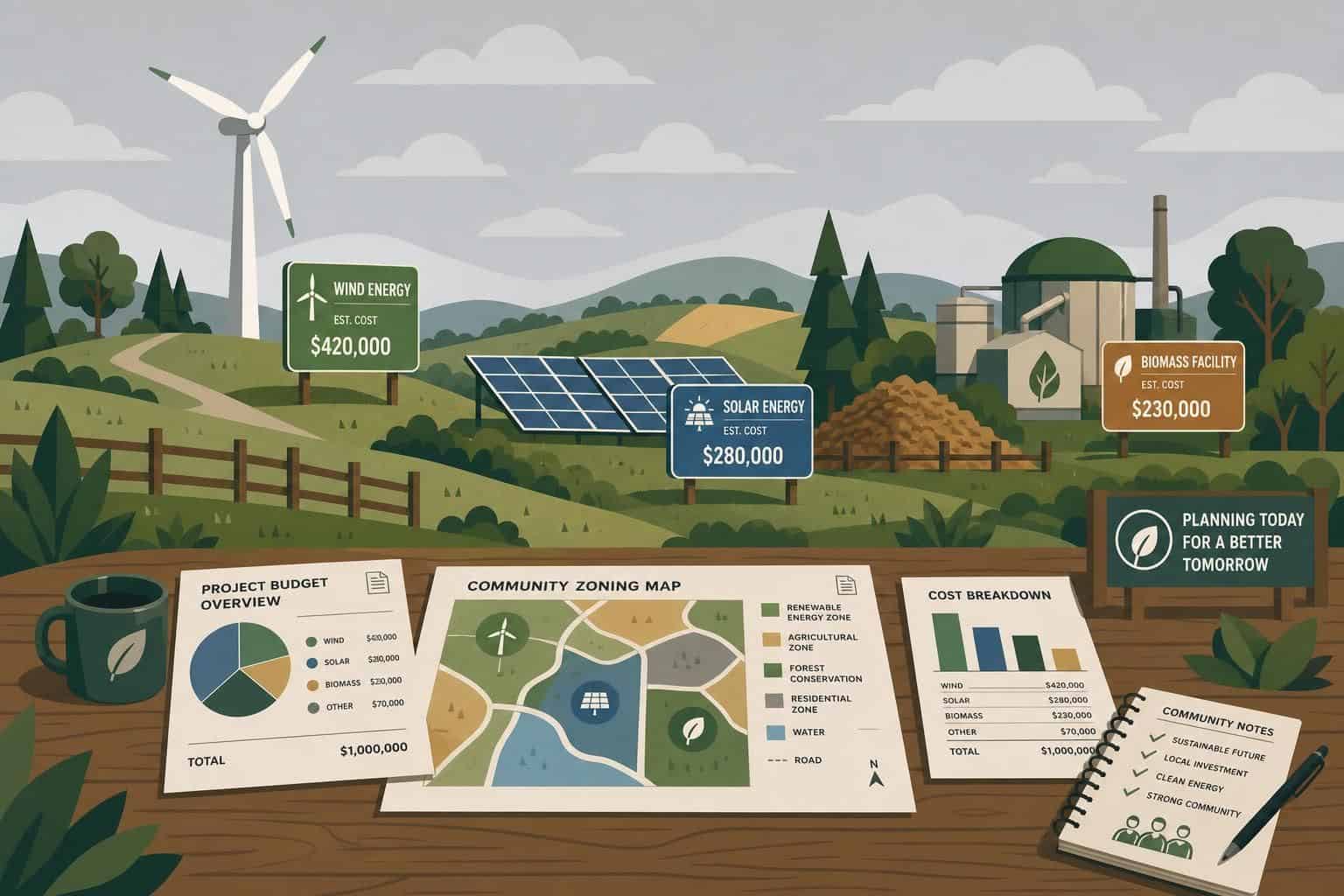 A minimalist rural landscape showcases renewable energy structures with a rustic table of planning documents in a clean, geometric style. A minimalist rural landscape showcases renewable energy structures with a rustic table of planning documents in a clean, geometric style.