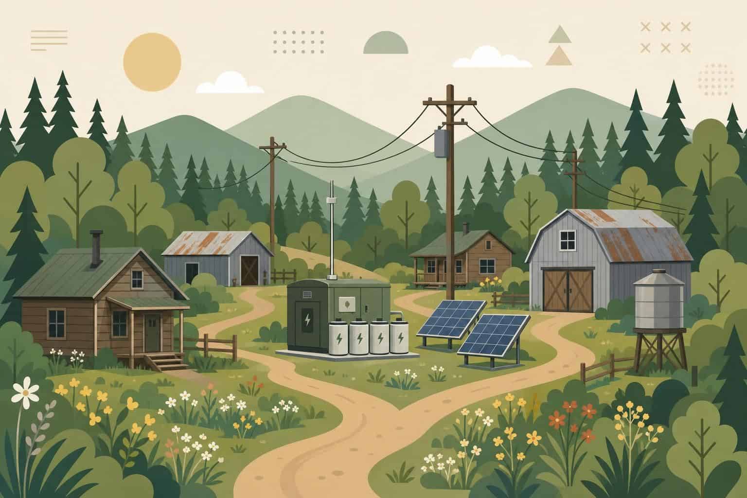 A serene rural compound in a forested valley features cabins, barns, solar panels, and winding paths among wildflowers. A serene rural compound in a forested valley features cabins, barns, solar panels, and winding paths among wildflowers.