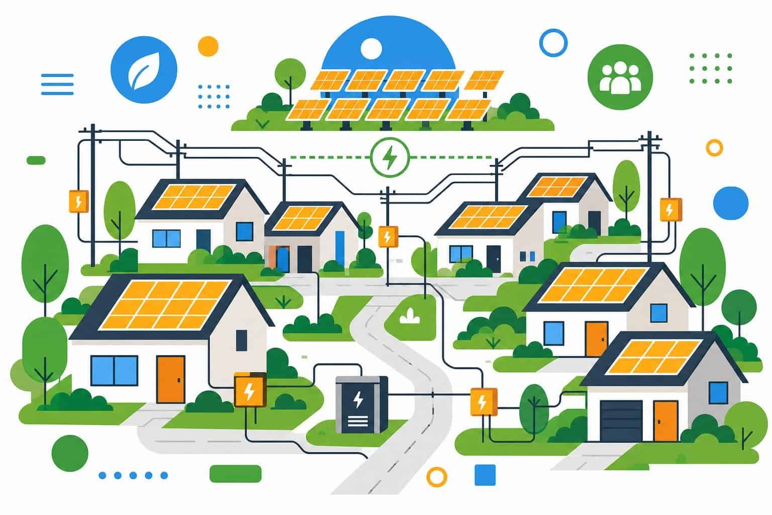 A modern eco-conscious neighborhood features minimalist homes with solar panels, green landscaping, and clean pathways on a white background. A modern eco-conscious neighborhood features minimalist homes with solar panels, green landscaping, and clean pathways on a white background.