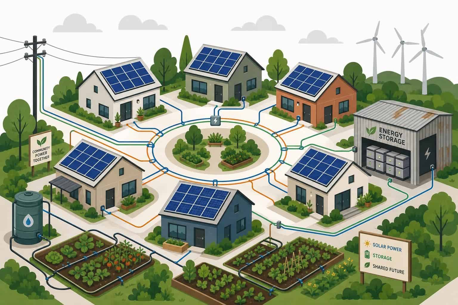 A minimalist vector illustration showcases a sustainable community with solar-powered buildings, a courtyard, garden plots, and wind turbines. A minimalist vector illustration showcases a sustainable community with solar-powered buildings, a courtyard, garden plots, and wind turbines.