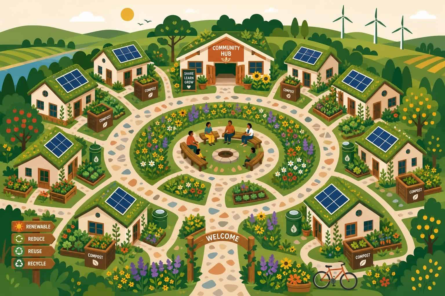 A vibrant aerial view of a sustainable eco-village featuring cottages, gardens, and community spaces, emphasizing togetherness and eco-friendly living. A vibrant aerial view of a sustainable eco-village featuring cottages, gardens, and community spaces, emphasizing togetherness and eco-friendly living.