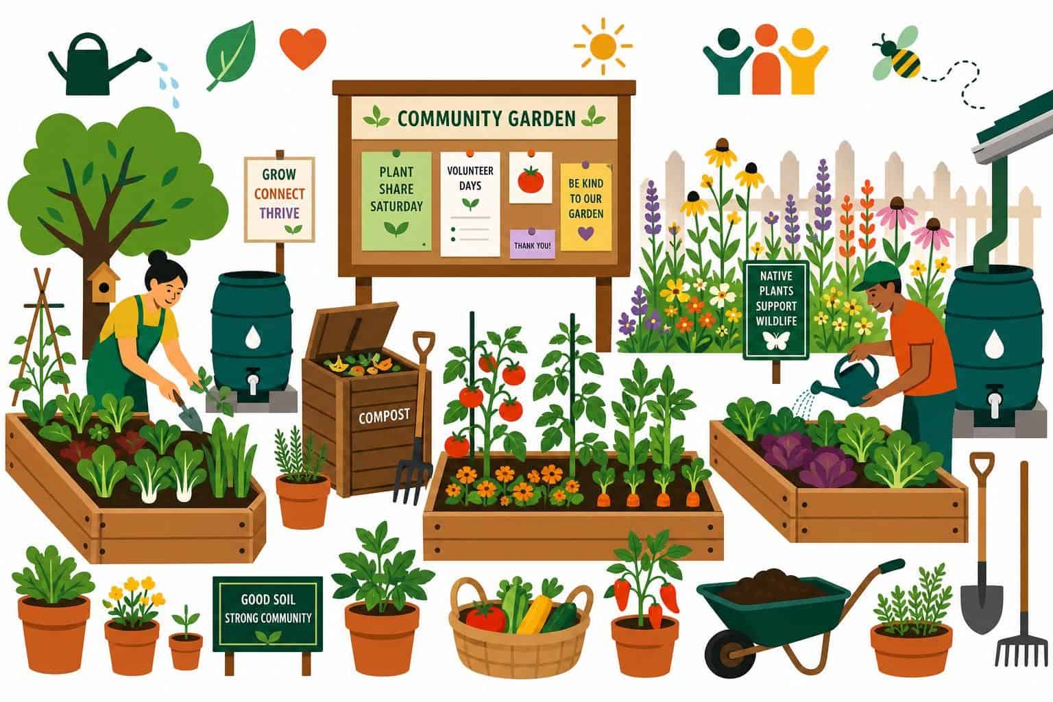 A vibrant, minimalist community garden illustration featuring raised beds, terracotta pots, and native wildflowers in a clean, geometric style. A vibrant, minimalist community garden illustration featuring raised beds, terracotta pots, and native wildflowers in a clean, geometric style.