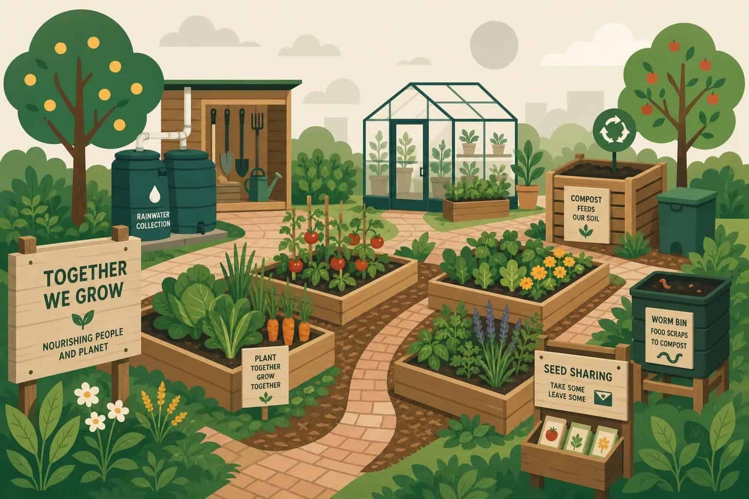A minimalist flat vector illustration of a community garden featuring geometric raised beds, rain barrels, and a greenhouse. A minimalist flat vector illustration of a community garden featuring geometric raised beds, rain barrels, and a greenhouse.