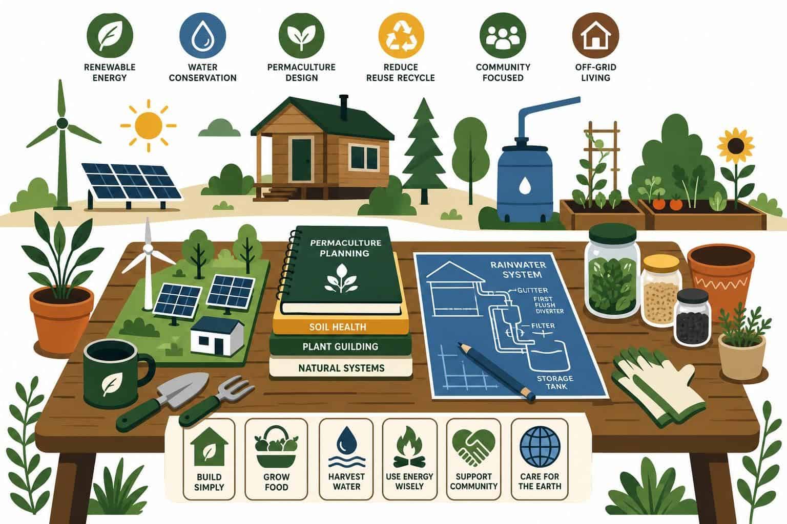 A minimalist vector illustration featuring a wooden table with renewable energy projects and gardening tools, emphasizing sustainable living. A minimalist vector illustration featuring a wooden table with renewable energy projects and gardening tools, emphasizing sustainable living.