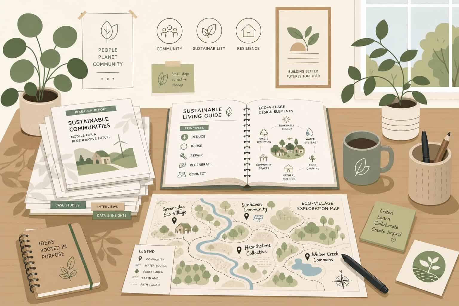 A minimalist wooden desk workspace featuring sustainability materials and plants, emphasizing environmental dedication and community research. A minimalist wooden desk workspace featuring sustainability materials and plants, emphasizing environmental dedication and community research.