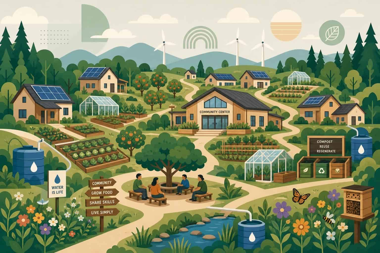 A flat vector illustration of a sustainable ecovillage featuring homes, gardens, and renewable energy in a serene landscape. A flat vector illustration of a sustainable ecovillage featuring homes, gardens, and renewable energy in a serene landscape.