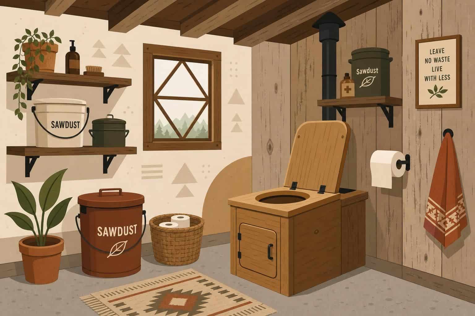 A minimalist vector illustration of a rustic bathroom corner in a tiny off-grid cabin featuring a composting toilet and wooden details. A minimalist vector illustration of a rustic bathroom corner in a tiny off-grid cabin featuring a composting toilet and wooden details.