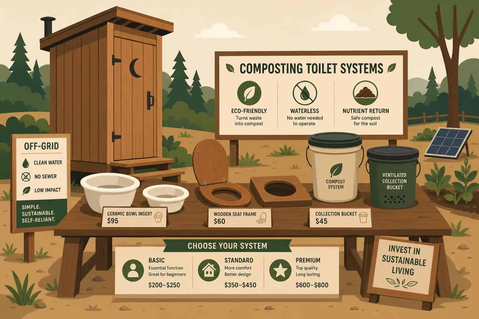 Flat vector illustration of an off-grid composting toilet setup in a minimalist rural homestead. Flat vector illustration of an off-grid composting toilet setup in a minimalist rural homestead.