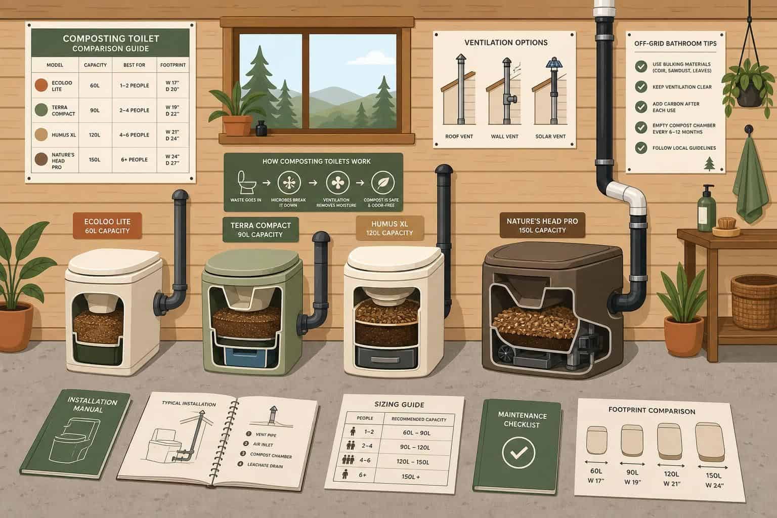 A minimalist vector illustration of an off-grid cabin bathroom showcasing various composting toilets and related information on rustic walls. A minimalist vector illustration of an off-grid cabin bathroom showcasing various composting toilets and related information on rustic walls.